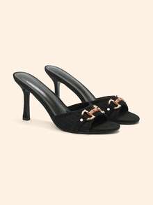 CUCCOO BASICS 8.8厘米高跟黑色PU皮革复古风凉鞋，配金色搭扣装饰 - 黑色飛織 - 查看 4