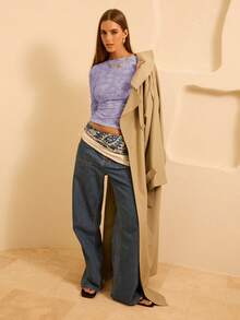 Aralina 女士休闲提花长袖修身短款T恤，适合日常、度假、通勤、春夏穿着 - 紫丁香色 - 查看 8