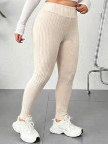 SHEIN EZwear 大码休闲百搭高腰卡其色打底裤 - 杏色 - 查看 5