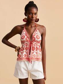 Travachic Women's Floral Print Knotted Halter Casual Vacation Tank Top,Vacation Casual Terno Outfit For Women,Summer Holiday Outfits,Spring Break Outfits,Party Outfit,Beach Outfit,Spring Clothing,Valentine's Day,Valentine Outfits For Women,Carnival Costume,Elegant,Floral,Carnival,Spring To Summer ,Party ,Carnival Costume, Mexican Style Women Boho  For Women,Red Tops - Red and White - View 3