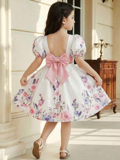 LMoss Kids 少女碎花泡泡袖方领雪纺连衣裙