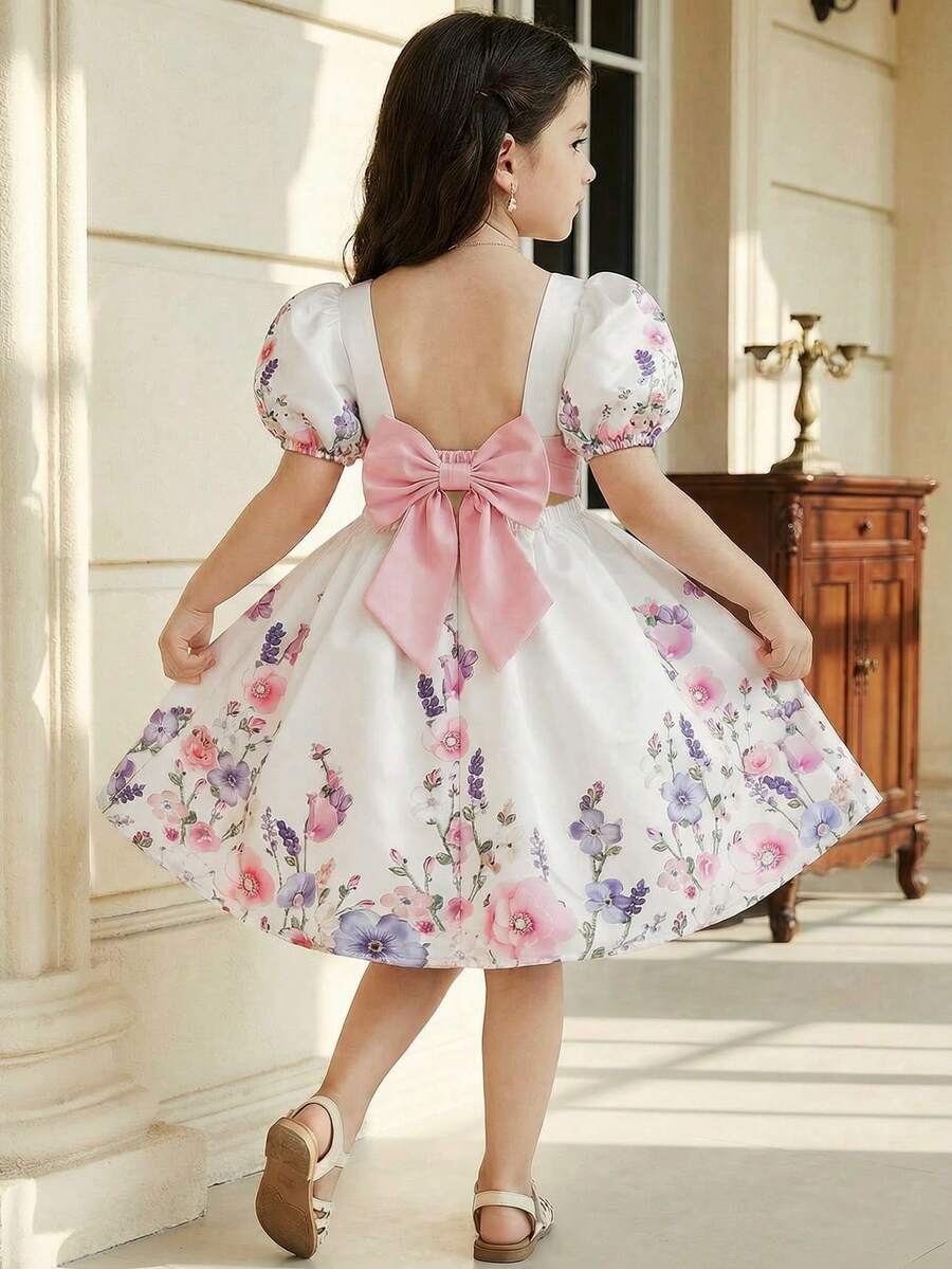 LMoss Kids 少女碎花泡泡袖方领雪纺连衣裙 - 彩色 - 查看 1