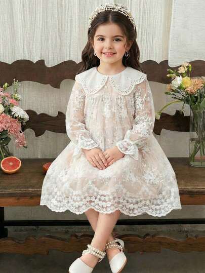 LMoss Kids LMoss Girls' Solid Color Chiffon Puff Collar Slim-Fit Casual Lace Dress, Suitable For Spring And Summer Wear,فستان,فستان دانتيل,White Dress,فستان بنات