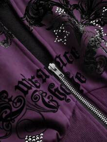 ROMWE Grunge Punk Áo nỉ có mũ kiểu dáng retro Y2K Subculture với họa tiết da báo, hoa văn cổ điển và đính đá lấp lánh dành cho nữ. - Màu tím - Xem 3