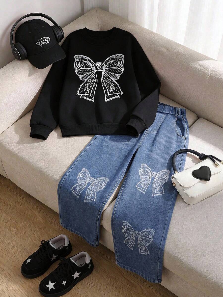 2pcs/Set Tween GirlsCasual Loose Butterfly Print Sweatshirt & Pink Washed Loose Butterfly Embroidered Straight Leg Jeans - Black - View 1