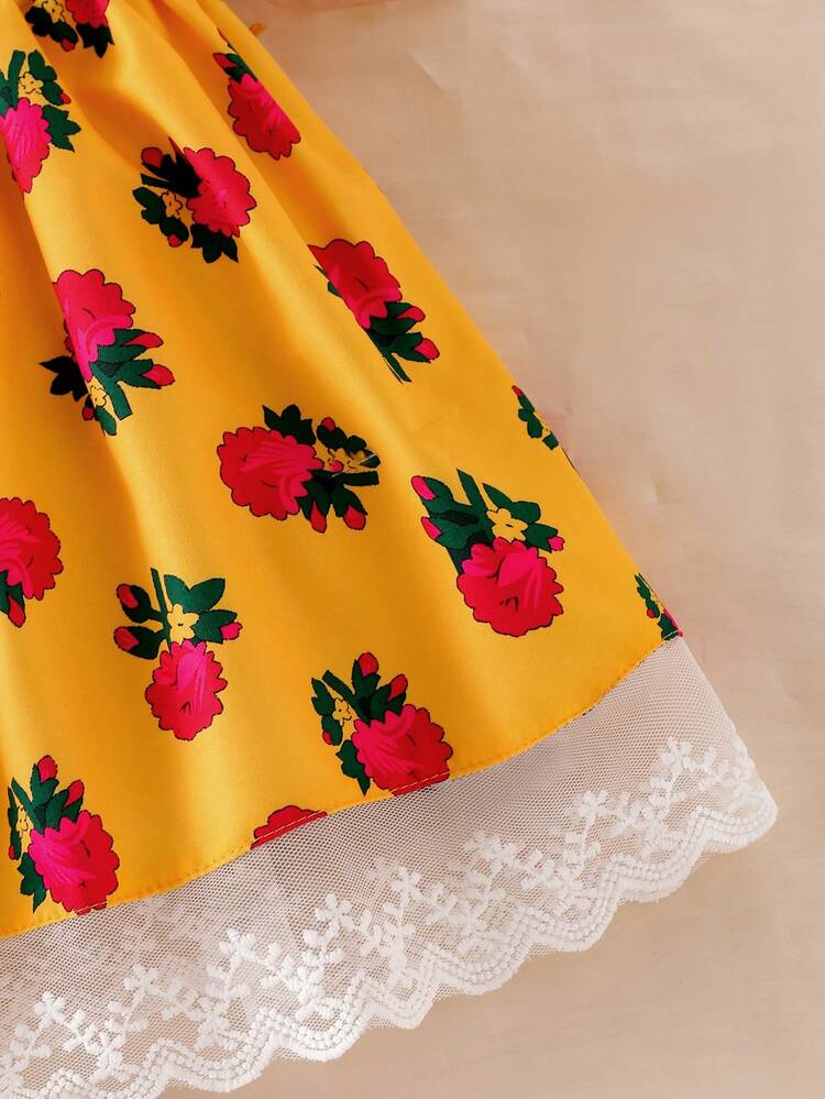 Baby Girl Yellow Floral Lace Trim Cute Dress, Comfortable Summer Baby Girl's Middle Eastern Style Flower Print Dress Baby Girl Sleeveless Ditsy Floral Casual Dress Dresses Summer Dress Yellow Flower Dress Fruit Dress Baby Girls Dresses Fruit Dress Toddler - Yellow - View 8