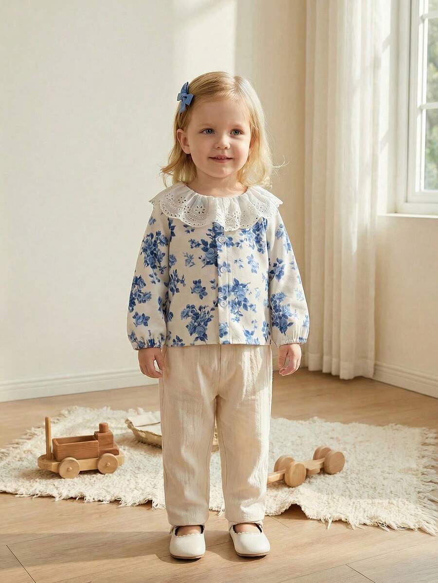 SHEIN Áo sơ mi dài tay họa tiết hoa cho bé gái, viền ren rỗng, ve áo lớn, kiểu dáng đồng quê cổ điển. - Màu xanh lam - Xem 1