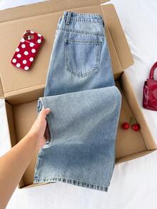 Comfortcana Quần jeans nữ dáng suông, chất liệu denim mài, đính đá lấp lánh, thích hợp cho ngày Valentine mùa xuân, quần jeans nữ thường ngày, quần jeans lấp lánh. - Rửa trung bình - Xem 2