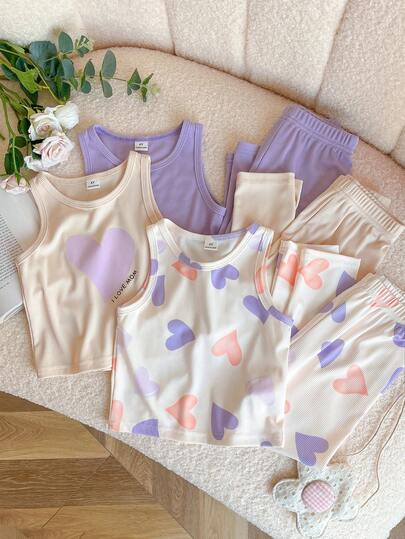 Genkimix Kids Set de 3 piezas/6 piezas de top sin mangas elástico y pantalones a juego con estampado de corazones coloridos para niñas pequeñas, uso cómodo para el día a día en primavera
