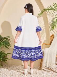 Tween Girls Blue And White Bohemian Notched Neck Midi Dress With Flounce Sleeves, Flared Hem Ruffle Details, Perfect For Vacation - Blue and White - View 2