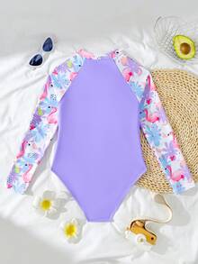 SHEIN 少女碎花拉链长袖连体泳衣，夏季海滩度假 - 紫色 - 查看 2