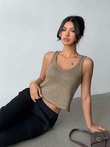 Selianne Fashionable Sexy Shiny Metallic Sleeveless U-Neck Knit Camisole Top For Women, Spring/Summer - Coffee Brown - View 5