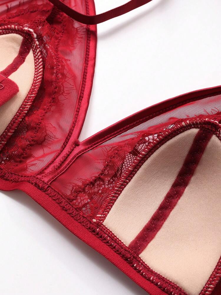 Classic Wine Red Lace Patchwork Nude Triangle Cup Adjustable Straps Racerback Bra Set For Women Lingerie For Women