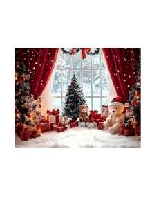 1Pc,2pcs 2D Flat Christmas Happy Background Banner, Featuring A Fairy-Tale Style Snowman Background, With Red Curtains, Christmas Trees, Teddy Bears And Gift Patterns ,Christmas Decorations - Multicolor - View 6