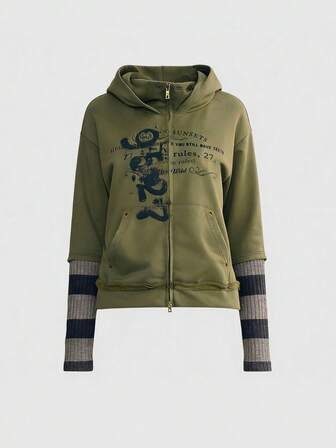 Grunge Punk سويتشيرت أمامي مفتوح بتصميم رقعي مطبوع بشعار كاجوال عتيق مهترئ