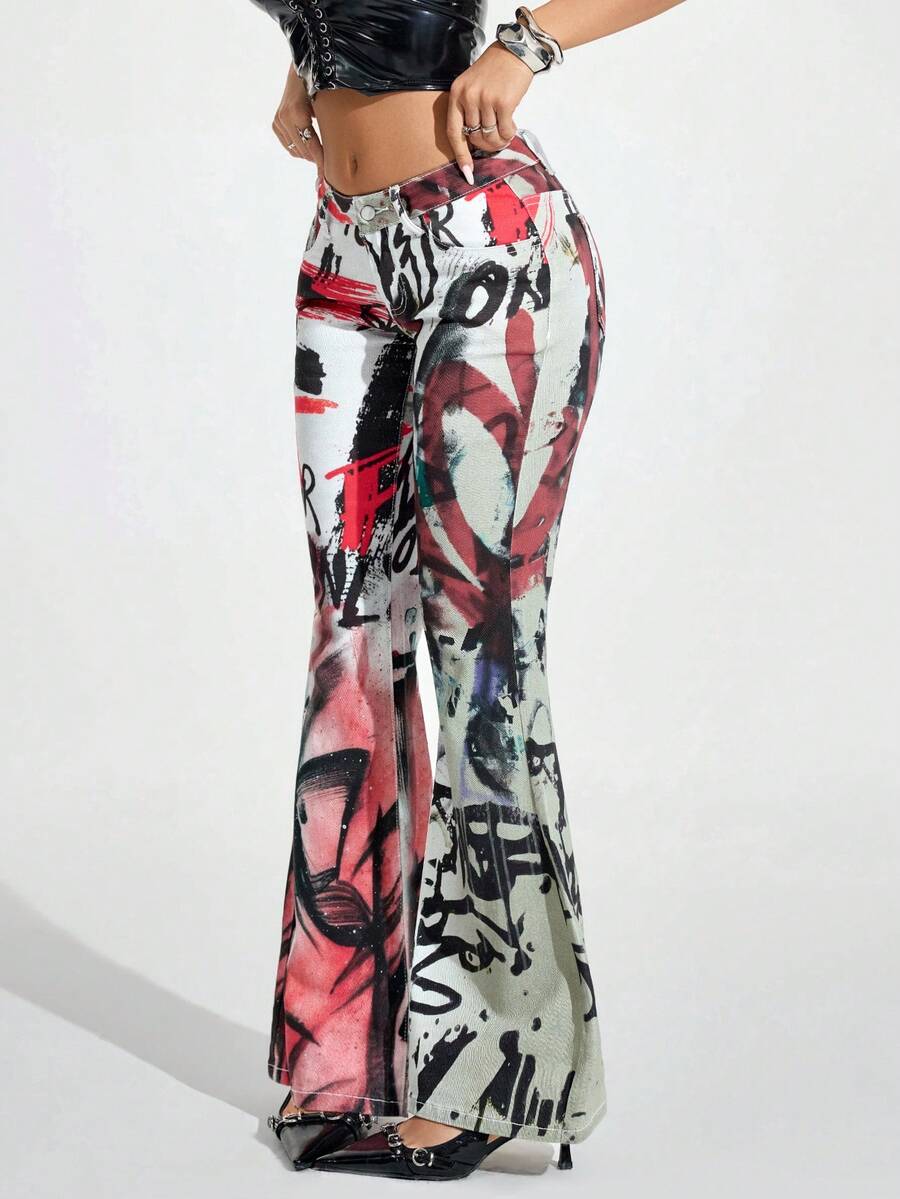 Flirla 女士时尚涂鸦印花低腰喇叭牛仔裤 - 彩色 - 查看 1