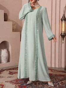 Al Najma Embroidered & Beaded Detailed Long Sleeve Arabic Style Dress For Women - Green - View 3