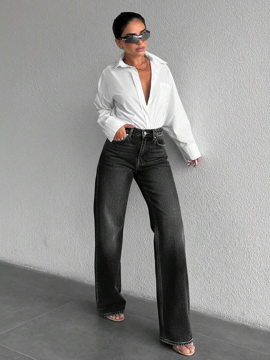 100%Cotton Solid Slant Pocket Casual Straight Leg Jeans - Dark Grey - View 1