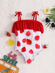 SHEIN Emery Rose Kids 女童草莓图案荷叶边泳衣和帽子套装，可爱针织夏季女童夏季度假沙滩西瓜印花荷叶边连体泳衣 - 紅白色 - 查看 4