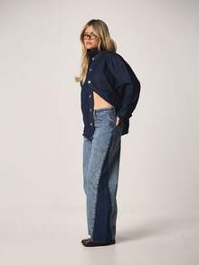 MISSGUIDED High Rise Straight Leg Acid Wash Denim Jeans With Contrast Side Panel Detailing For Casual Fall Winter Style - Blue - View 5
