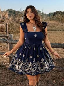 Ceyna Short Embroidered Cap Sleeve Casual Vacation Dress - Navy Blue - View 3