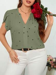 Reflora Plus Size Notch Neck Petal Sleeve Heart Print Minimalist Top Valentines - Mint Green - View 6