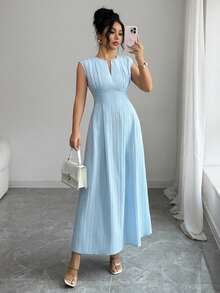 Celisse Elegant V-Neck Short Sleeve A-Line Midi Dress, Casual Waist Cinched Design For Women - Blue - View 3