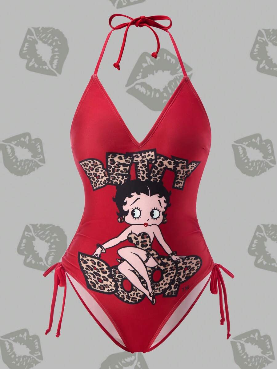 Betty Boop x SHEIN Women Summer Leopard Letter & Cartoon Figure Graphic Drawstring Ruched Side Halter One-Piece Swimsuit One Piece Swimsuit Red One Piece Swimsuit