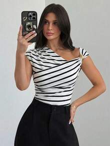 Women's Asymmetric Shoulder Wrap Ruched Waist Tight Fit T-Shirt With Metal Decor, Elegant Modest Daily Commute Tops, White, Spring/Summer One Shoulder Top Stripe Top,Summer Top - Black and White - View 5
