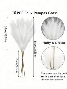 10支/20支装 - 人造芦苇，高55厘米/21.65英寸，仿真蒲苇草，仿羽毛枝，适用于落地花瓶填充、家居厨房波西米亚风装饰、房间装饰、婚礼派对装饰、情人节装饰、情人节礼物、生日毕业礼物、秋季装饰、秋季、仿真植物 - 純白色 - 查看 3