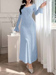 Feyla Elegant Lace Long Sleeve Midi Dress For Women Long Evening Dresses - Baby Blue - View 2