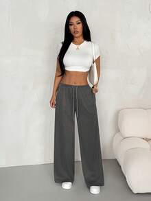 SHEIN PETITE Women's Casual Everyday Commute Versatile Drawstring Waist Loose Wide Leg Double-Sided Fleece Pants - Grey - View 7