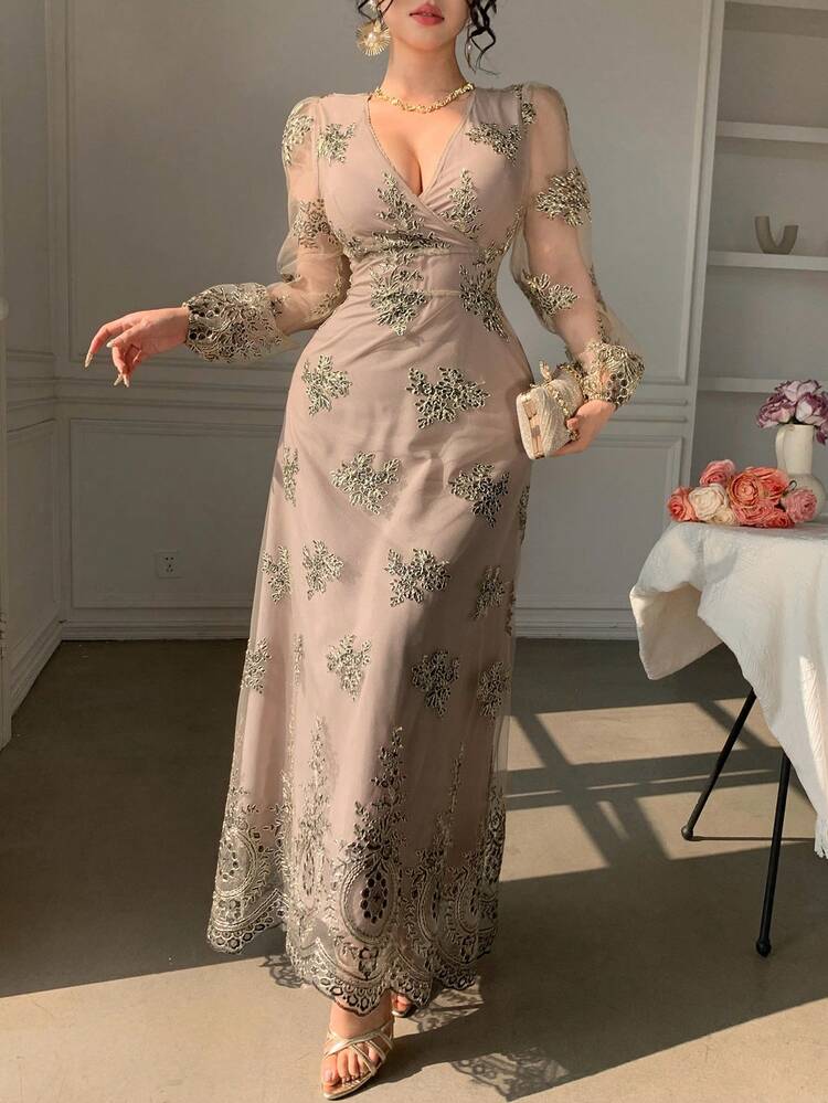 Women's V-Neck Long Sleeve Waist Cinched Mesh Patchwork Embroidered Dress, Elegant Party Wear Sundress