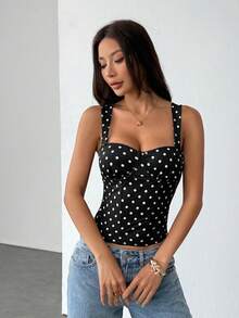 SHEIN PETITE Áo corset chấm bi đen thanh lịch dành cho nữ, thích hợp cho buổi hẹn hò, tiệc sinh nhật, hộp đêm, tiệc lễ hội. Thích hợp cho tiệc tùng với bạn gái, hẹn hò, đi làm hàng ngày, áo corset dễ thương, áo gợi cảm đi club, áo corset chấm bi. - màu đen - Xem 8