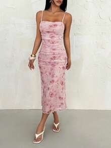 SHEIN PETITE Summer Pink Floral Print Ruched Mesh Cami Long Dress - Baby Pink - View 4