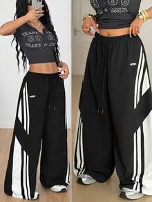 Coolane Pantalones cargo de paracaídas con bloques de color, estilo streetwear para conciertos y salidas, de tela tejida con parches, para mujer talla grande en primavera y verano - Negro - Ver 2