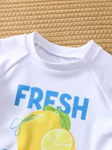 SHEIN 2pcs Baby Boy Summer Casual Vacation Fruit Pattern Long Sleeve Swimsuit & Blue Striped Swim Trunks, Suitable For Beach, Pool, Spa - Multicolor - View 5