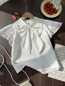 Áo kiểu công chúa màu trắng thanh lịch cho bé gái tuổi teen, tay ngắn phối ren tương phản và điểm nhấn nơ, dễ thương và đa năng. - trắng - Xem 2