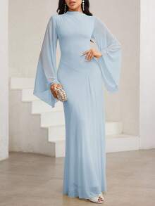 Veilorie Asymmetric Hem Ruched Oblique Collar Elegant Mustard Yellow Flare Sleeve Dress - Baby Blue - View 6