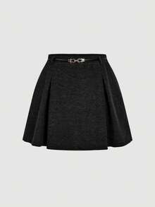 SHEIN MOD 加大码黑色高腰A字裙，配金属腰带，针织抓绒面料，适合秋冬季节和春季穿着。 - 黑色 - 查看 5