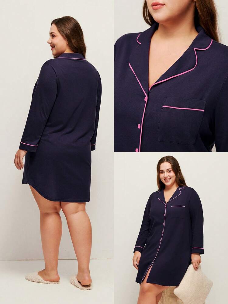Vestido de Camiseta com Botões no Colarinho, 100% Algodão Puro e Macio, Plus Size Feminino, Roupa de Casa e Camisola Longa de Pijama