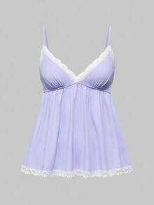 ROMWE Ribbed Lace Camisole & Shorts Casual Pajama Set - Mauve Purple - View 7