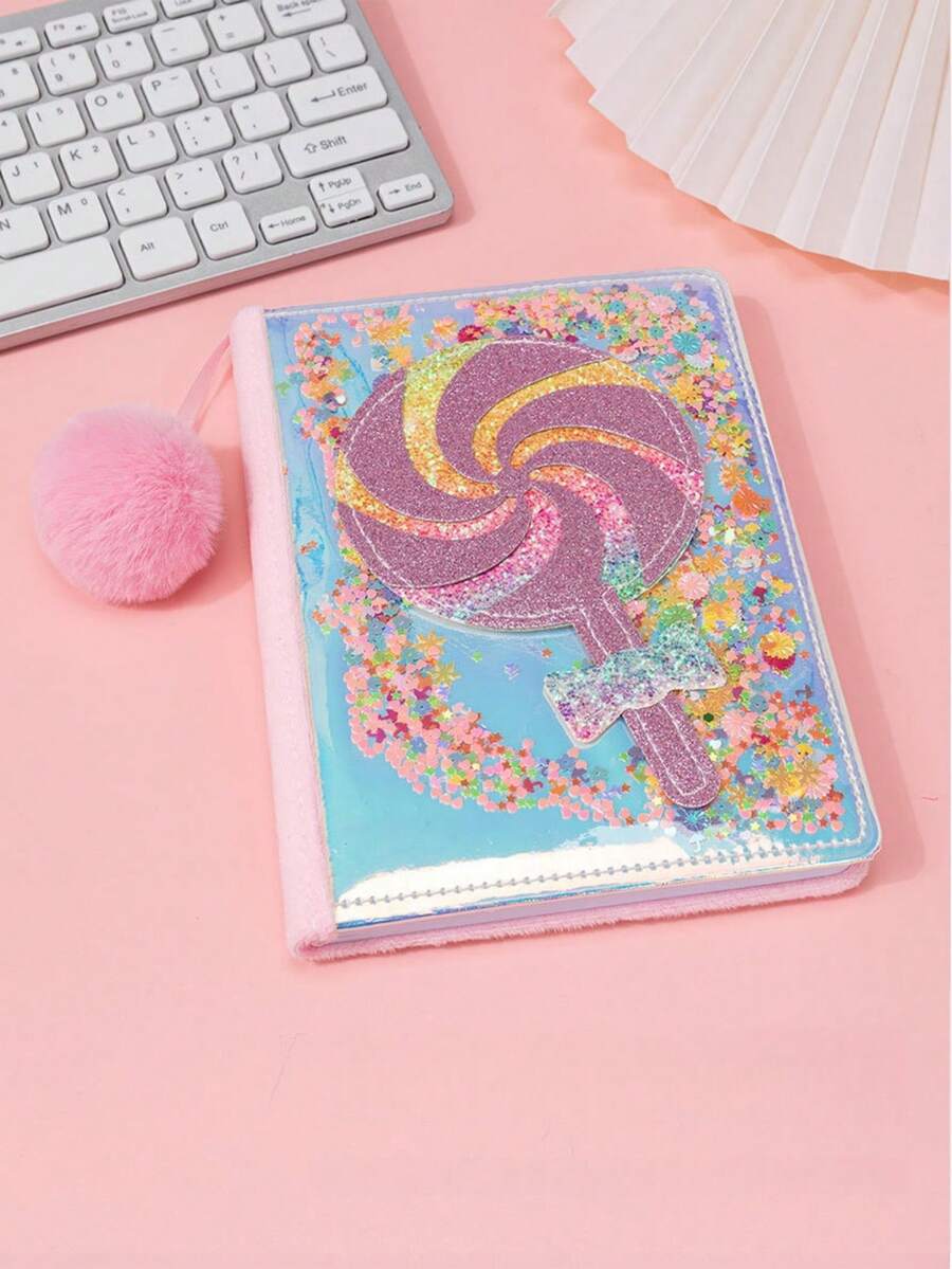 1pc Student A5 Notebook, Cartoon Heart-Shaped Journal, Notebook Gift Box, Pu Notebook, Lollipop Sequined Creative Notebook - Multicolor - View 1