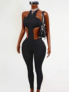 Mistrie Women's Backless Halter Neck Fitted Denim Jumpsuit - Black - View 3