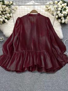 SHEIN CURVE+ Áo sơ mi nữ cỡ lớn màu trơn cổ buộc nơ đính ngọc trai giả, tay dài, kiểu dáng thanh lịch, tay phồng, áo đính ngọc trai, áo peplum, áo kiểu nữ. - Màu Đỏ Sâu - Xem 2