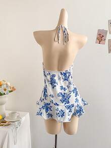 Soleia Áo kiểu Bohemian Boho cổ yếm hở lưng in hoa lãng mạn, xếp ly, thích hợp cho nữ, mùa xuân/hè. - Màu xanh lam - Xem 2