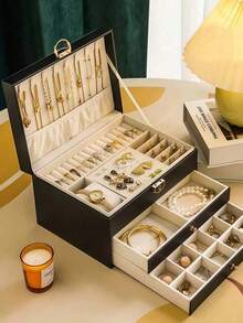 3-Layer Large Capacity Jewelry Storage Box, Portable Jewelry Storage Box, Dressing Table With Drawer Jewelry Storage Box, Gift Leather Jewelry Box, Exquisite Display Packaging Storage Container Back To School - Multicolor - View 22