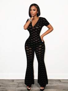 BamGleam 女士时尚性感透视网纱连体裤 - 黑色 - 查看 4