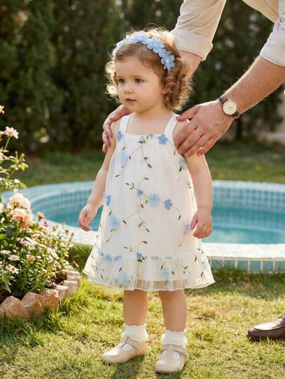 SHEIN Vestido de malla con tirantes con estampado floral romántico y pastoral, adecuado para vacaciones, salidas y verano