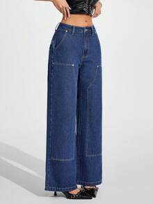 Flirla Women's Solid Color Slant Pocket Casual Versatile Wide Leg Jeans - Blue - View 5